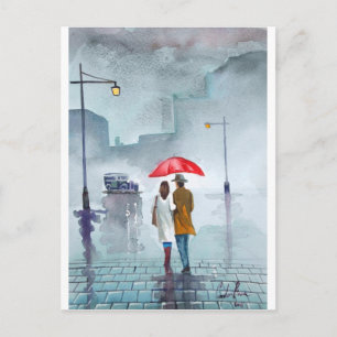 Carte Postale Pluie jour romantique couple rouge parapluie
