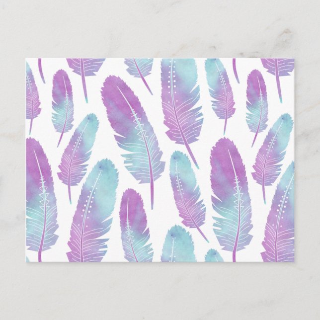 Carte Postale Plume bohème aquarelle violet et bleu (Devant)