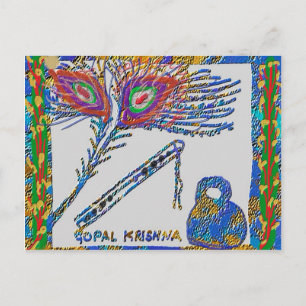 Carte Postale Plume de paon et Flûte - Hare Krishna