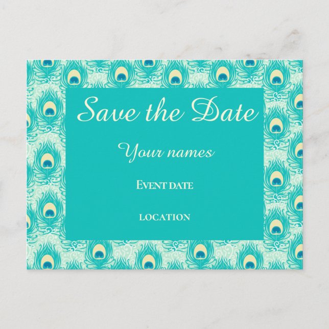 Carte Postale Plume de paon sarcelle save the date  (Devant)