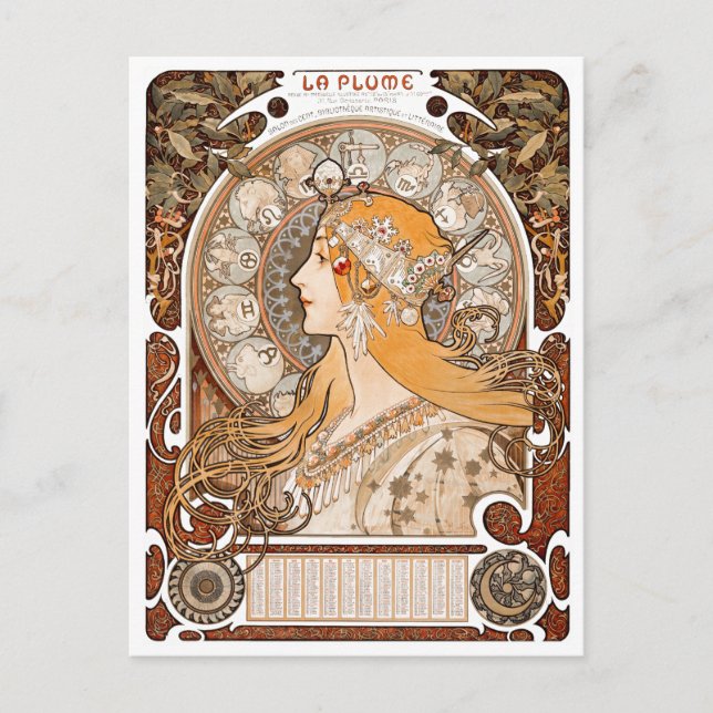 Carte Postale Plume Zodiac Woman par Alphonse Mucha - Art Nouvea (Devant)