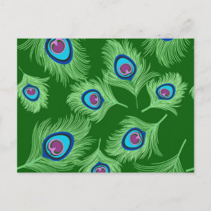 Carte Postale Plumes de chaux et de paon bleu sur vert émeraude
