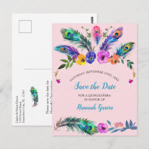 Carte Postale Plumes de Paon & Fleurs Quinceañera Rose Pâle