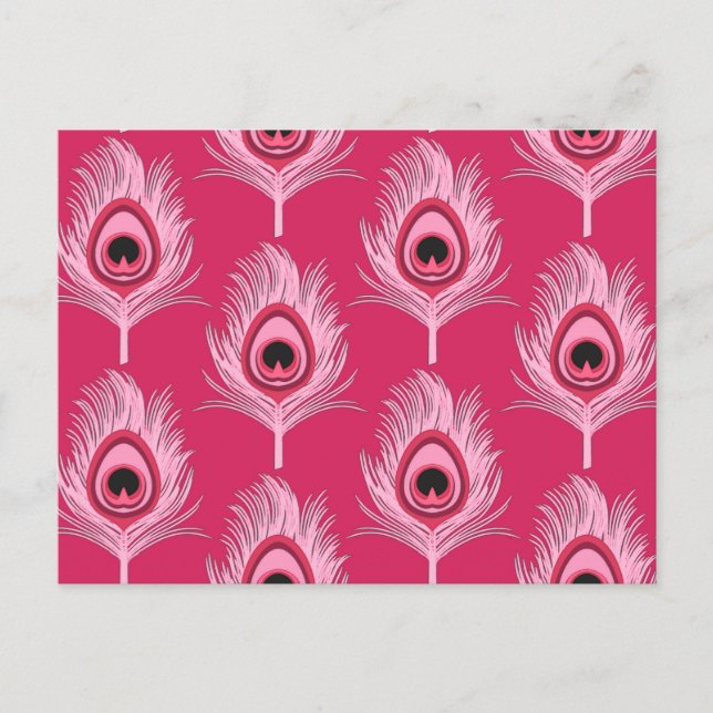 Carte Postale Plumes de paon, rose pastel sur rose Fuchsia (Devant)