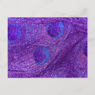 Carte Postale plumes de paon scintillantes indigo violet