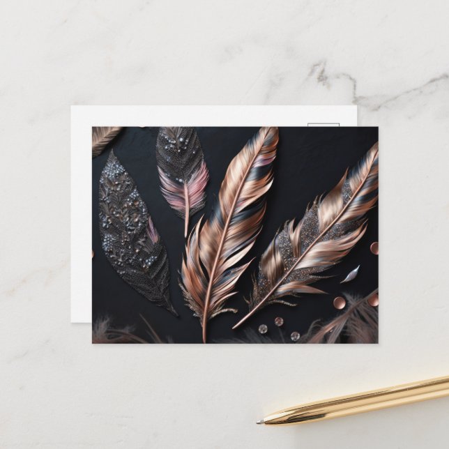Carte Postale Plumes décoratives rose et noir (Devant/Arrière en situation)