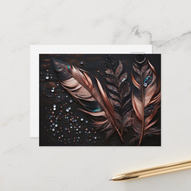 Carte Postale Plumes décoratives roses et noires & strass (Devant/Arrière en situation)