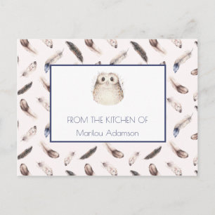 Carte Postale Plumes et recette de hibou aquarelle fantaisiste  
