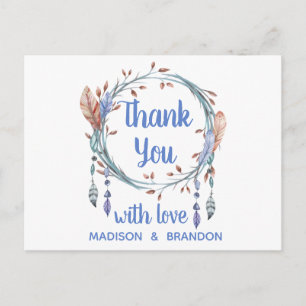 Carte Postale Plumes tribales Merci Mariage Boho bleu