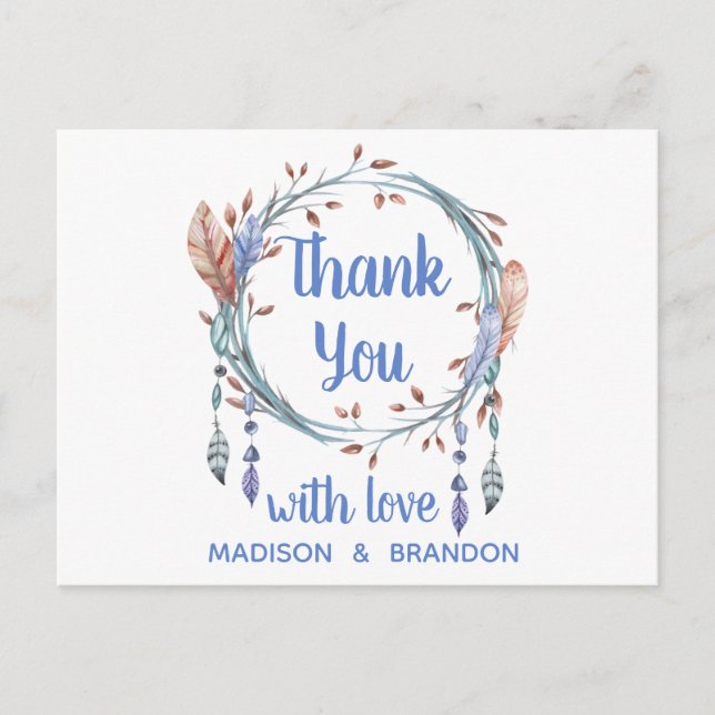 Carte Postale Plumes tribales Merci Mariage Boho bleu (Devant)