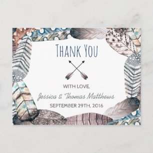 Carte Postale Plumes tribales modernes Merci Mariage de Bohême