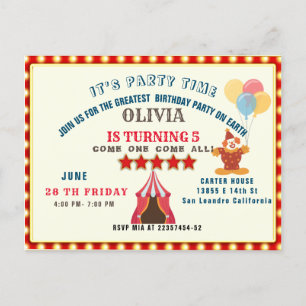CARTE POSTALE PLUS GRANDE FÊTE D'ANNIVERSAIRE 5 ANS THÈME CIRQUE