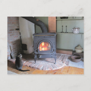 Carte Postale Poêle à bois avec chat