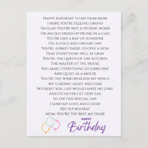 Carte Postale Poème amusant pour maman Anniversaire