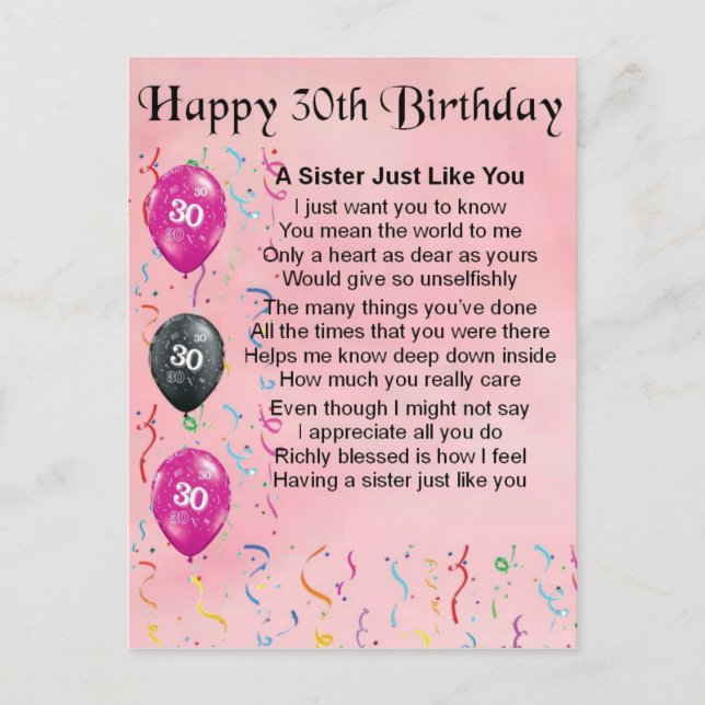 Carte Postale Poème Soeur du 30e anniversaire (Devant)