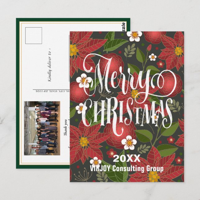 Carte Postale Poinsettia Floral Élégant Script Photo Business (Devant / Derrière)