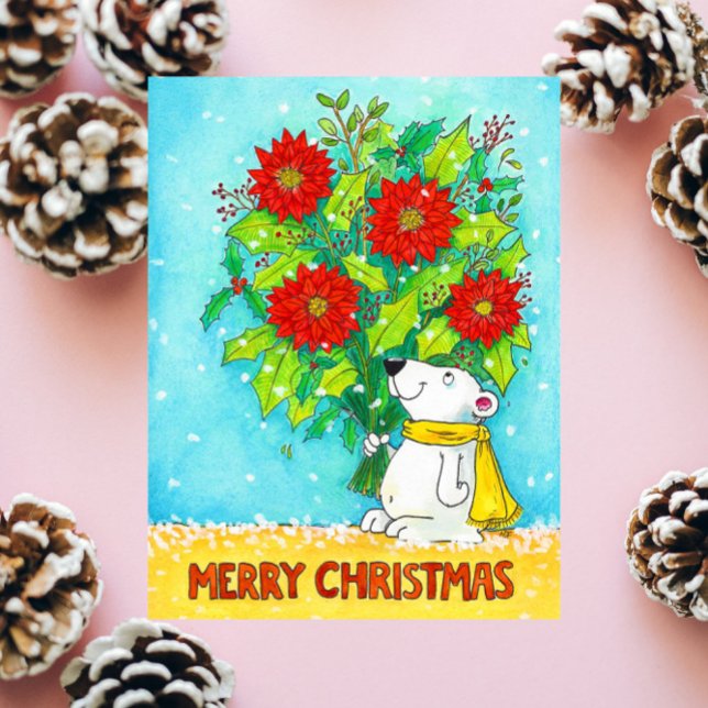 Carte Postale Poinsettia Joyeux Ours de Noël (Créateur téléchargé)