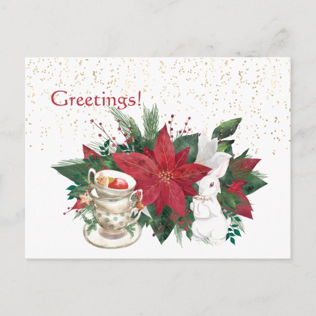 Carte Postale Poinsettia Teacups Rabbit Christmas (Devant)