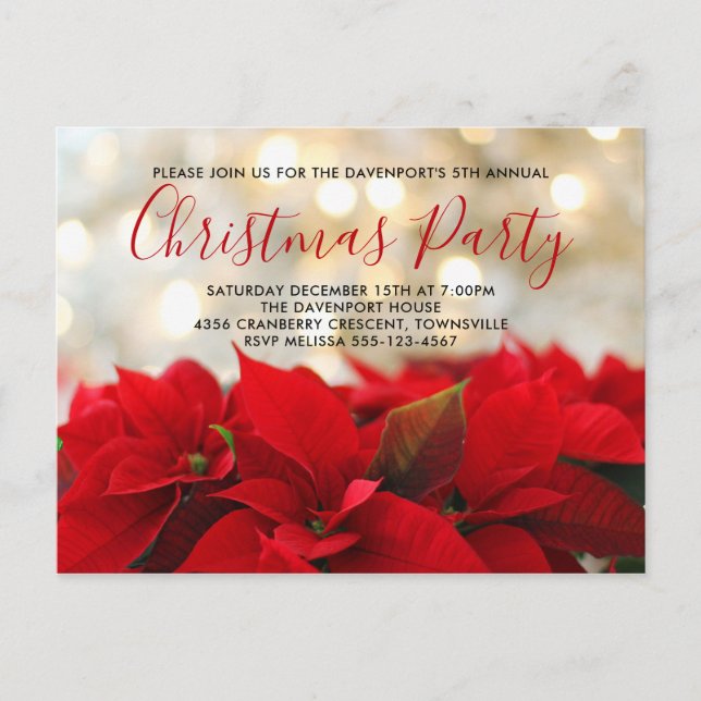 Carte Postale Poinsettias rouges avec l'Invitation de Noël Golde (Devant)