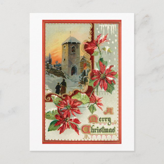 Carte Postale Poinsettias vintages, église et voeux de Noël (Devant)