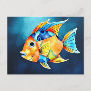 Carte Postale Poisson aquarelle abstrait avec motifs géométrique