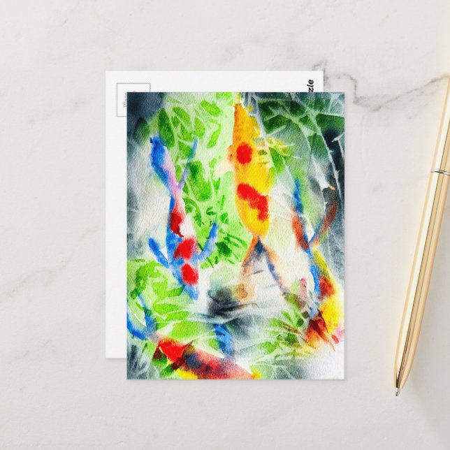 Carte Postale Poisson aquarelle Koi beaux-arts (Devant/Arrière en situation)