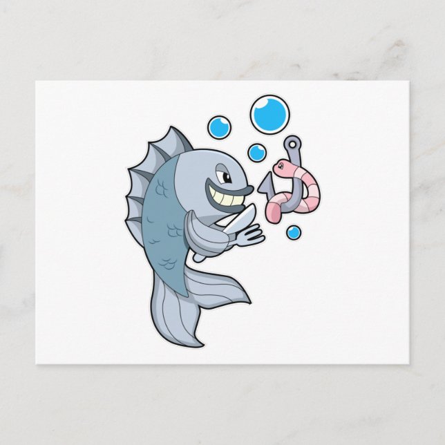 Carte Postale Poisson avec hameçon et ver de poisson (Devant)