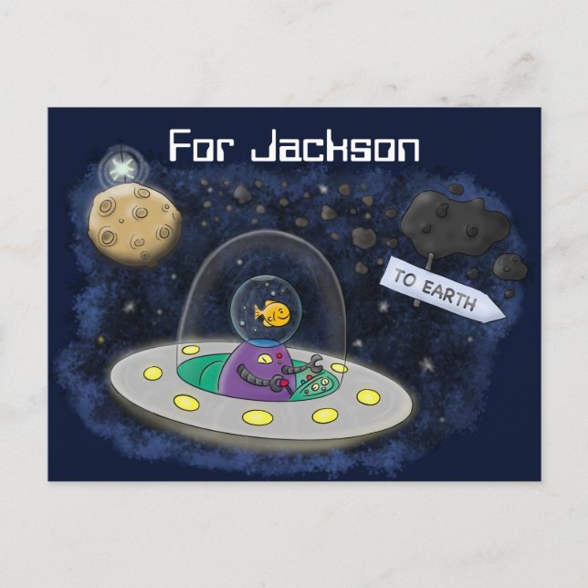 Carte Postale Poisson dans l'espace alien bateau dessin animé (Devant)