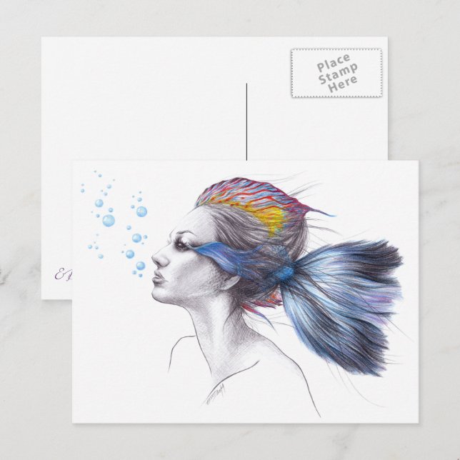 Carte Postale Poisson Femme Portrait de sirène Dessin surréalist (Devant / Derrière)
