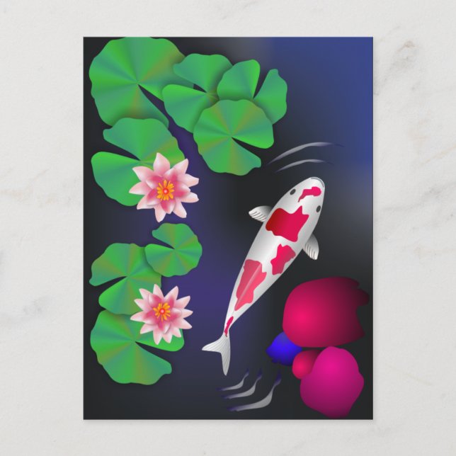 Carte Postale Poisson japonais Koi, Fleurs de Lotus et Lys d'eau (Devant)