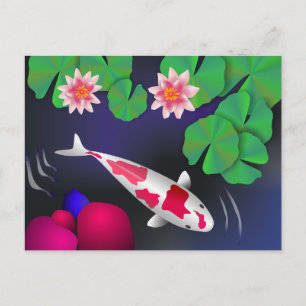 Carte Postale Poisson japonais Koi, Fleurs de Lotus et Lys d'eau