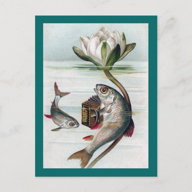 Carte Postale Poisson Jouer Accordion et Lys d'eau (Devant)
