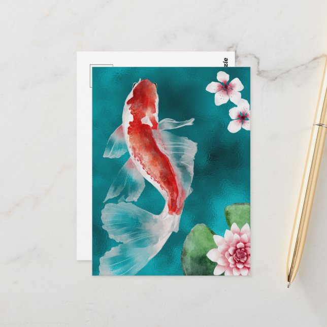 Carte Postale Poisson Koi japonais, fleurs de cerisiers Japon (Devant/Arrière en situation)