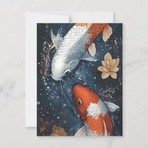 Carte Postale Poisson Serene Koi avec fleurs Lotus