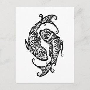 Carte Postale Poissons noirs complexes Zodiac sur blanc