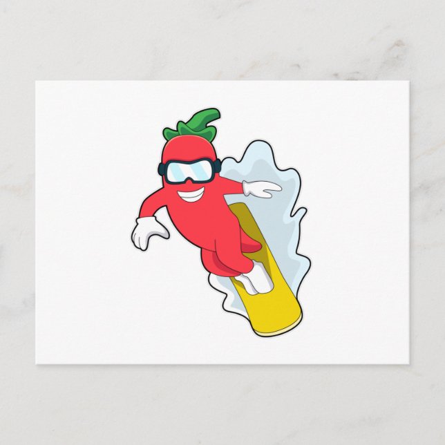 Carte Postale Poivron au snowboard avec snowboard (Devant)