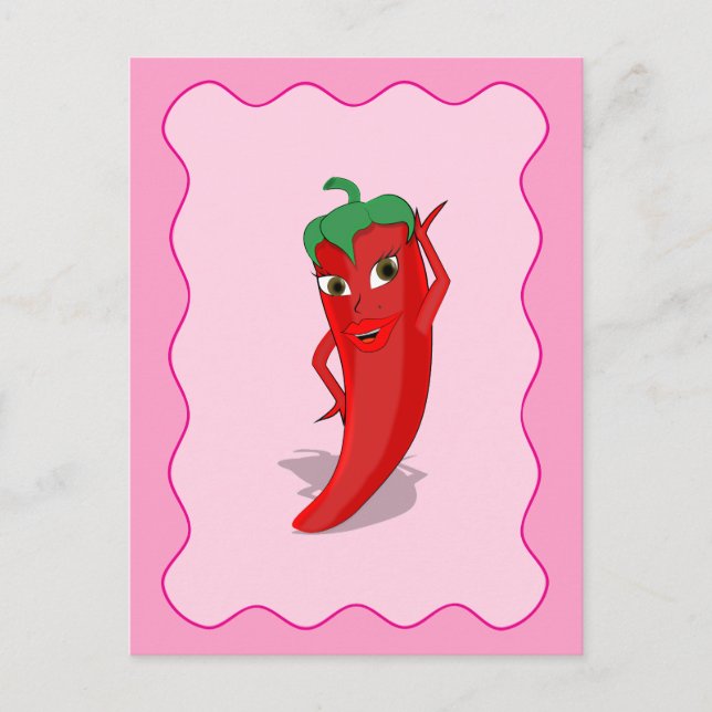 Carte Postale Poivron Rouge Chaud Diva Bordure Ondulée Rose (Devant)