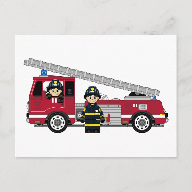 Carte Postale Pompier à caricature mignonne et moteur incendie (Devant)