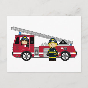 Carte Postale Pompier à dessin mignon et moteur incendie