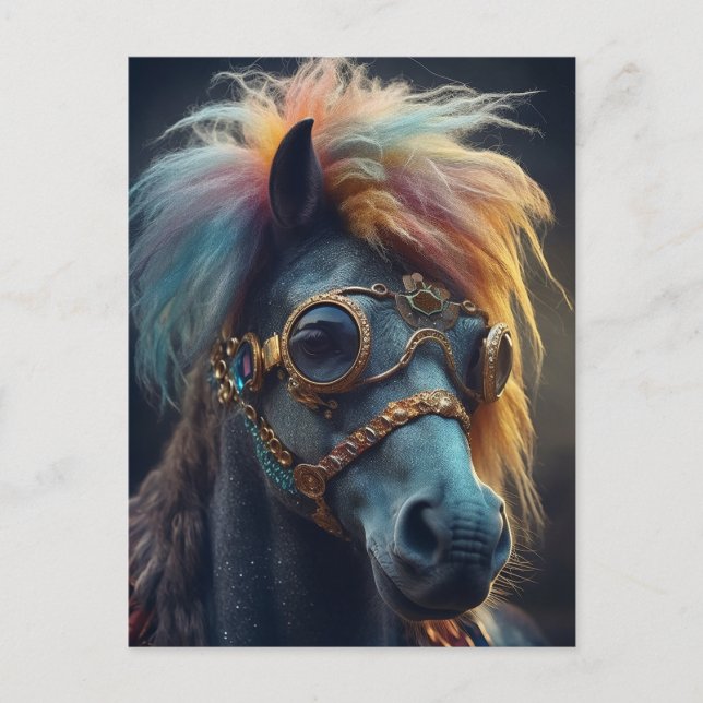 Carte Postale Poney avec cheveux clowns et Googles (Devant)
