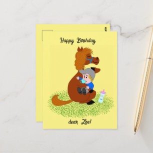 Carte Postale Poney drôle et mignon avec bébé - anniversaire des