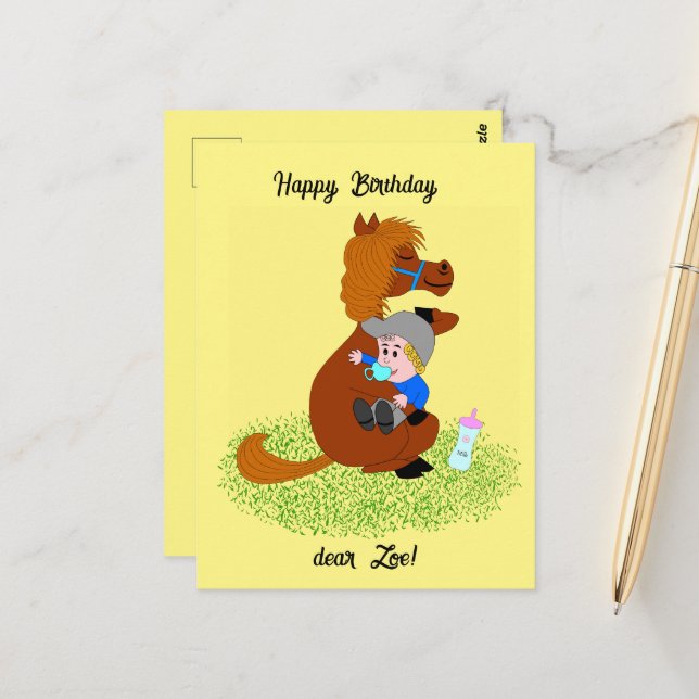 Carte Postale Poney drôle et mignon avec bébé - anniversaire des (Devant/Arrière en situation)
