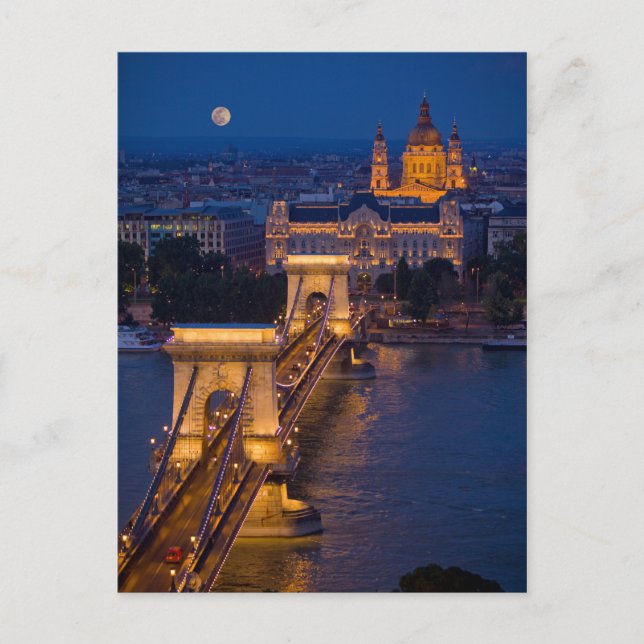 Carte Postale Pont à chaîne et Pleine lune à la nuit (Devant)