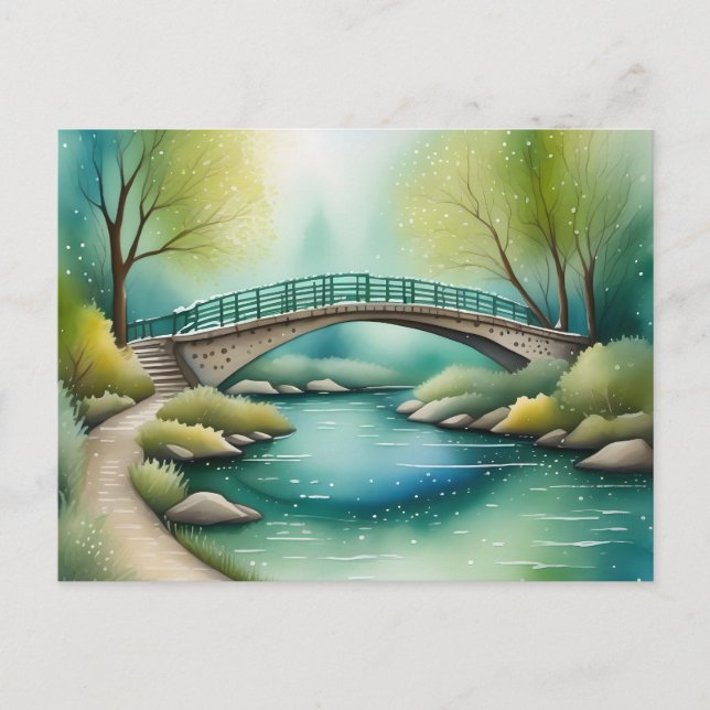 Carte Postale Pont au-dessus d'une peinture à l'aquarelle de riv (Devant)