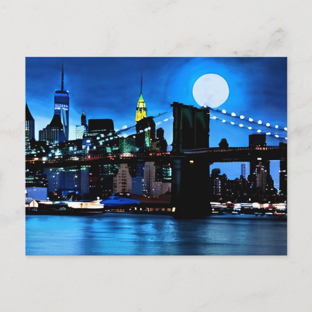 Carte Postale Pont de Brooklyn sous une pleine lune  (Devant)