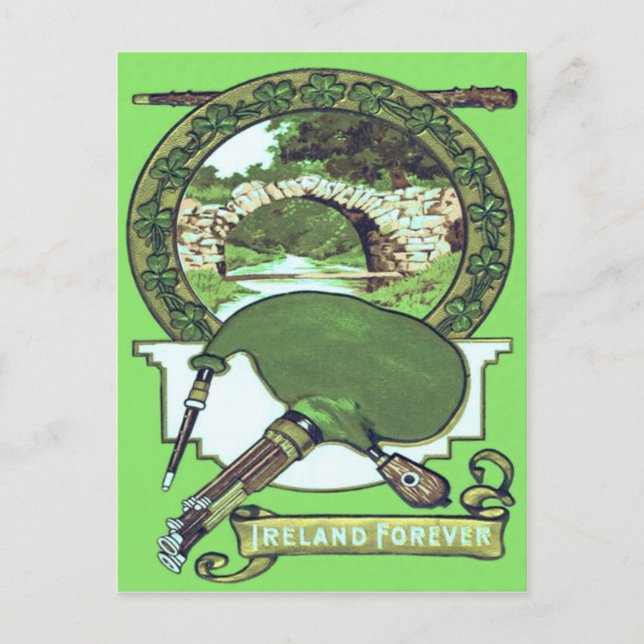 Carte Postale Pont de pierre Shamrock Bagpipe Shillelagh (Devant)