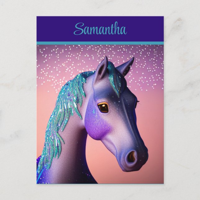 Carte Postale Pony magique en violet et Turquoise avec nom perso (Devant)