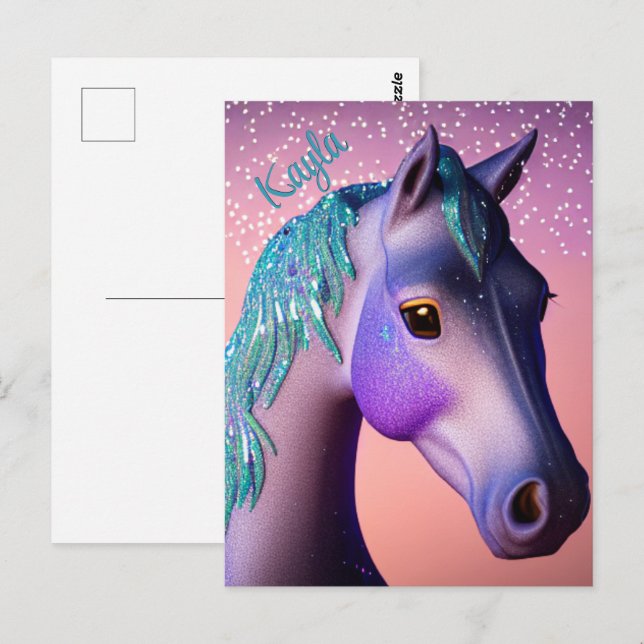 Carte Postale Pony magique en violet et Turquoise avec nom perso (Devant / Derrière)