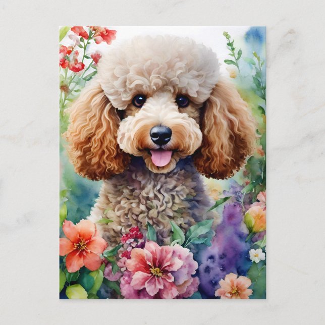Carte Postale Poodle Chien Aquarelle Art Floral (Devant)