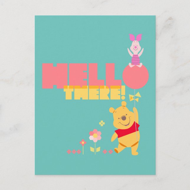 Carte Postale Pooh et Piglet dans les fleurs - Bonjour là (Devant)